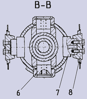 Гидроцилиндр выдвижения (телескопирования) секции на чертеже стрелы автокранов КС-3577, КС-3574 (вид В-В)