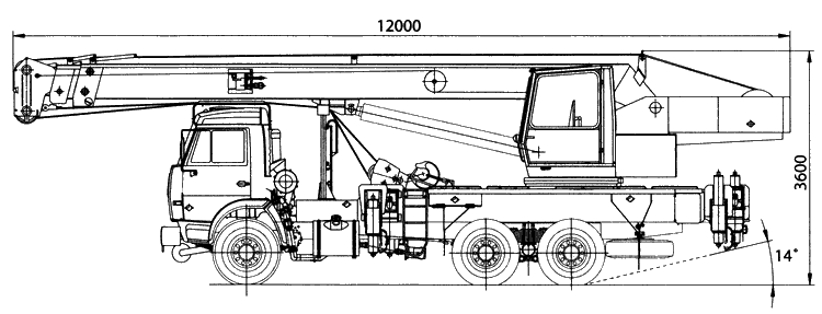 Габаритные размеры автокрана Галичанин КС-55713-1Б на шасси КамАЗ-55111 и КамАЗ-53229