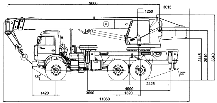 Габаритные размеры автокрана Клинцы КС-55713-5К на шасси КамАЗ-43118
