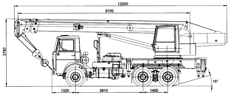 Габаритные размеры автокрана Галичанин КС-55713-6 на шасси МАЗ-630303