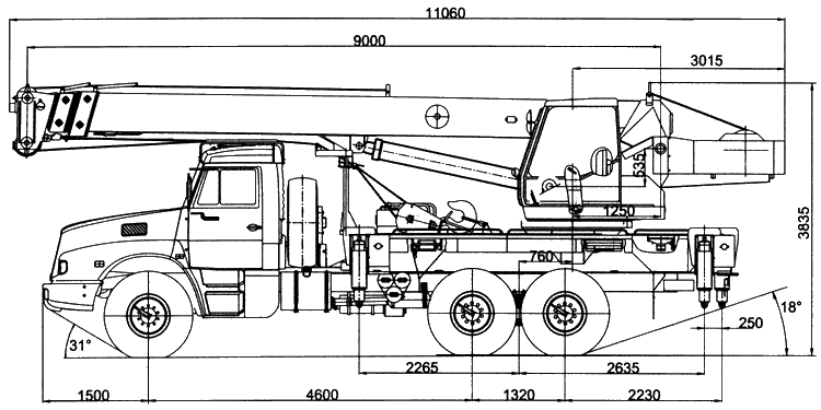 Габаритные размеры автокрана Клинцы КС-55713-7К на шасси КамАЗ-4355