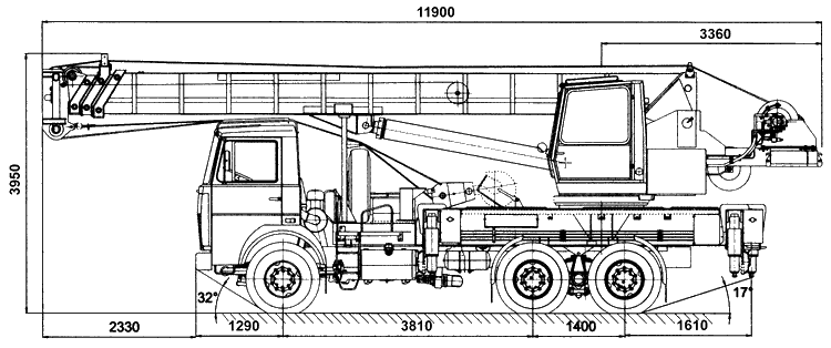 Габаритные размеры автокрана Галичанин КС-55729В на шасси МАЗ-630303